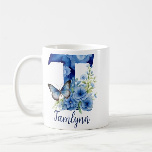 11 oz Florale blaue monogrammierte Kaffeetasse (Links)