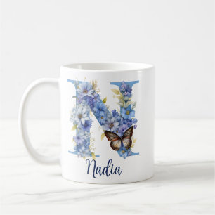 11 oz Florales blaues monogrammiertes Kaffeetasse