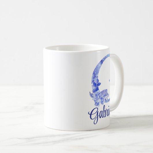 11 oz Mit Monogramm Aquarellfarben-Blues und Blume Kaffeetasse (VorderseiteRechts)