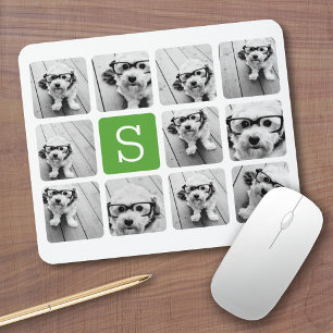 11 Photo Collage - Green White Modern Monogram Mousepad