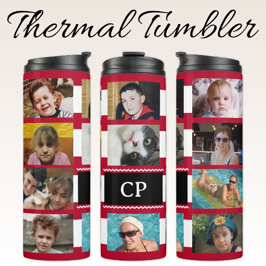 11 photo collage initials red white thermosbecher