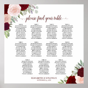 11 Tabelle Burgundy Red & Pink Floral Seating Char Poster