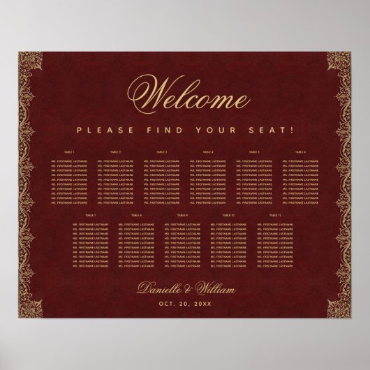 11 Tabelle Burgundy Red Vintag Gold Seating Chart Poster (Vorne)
