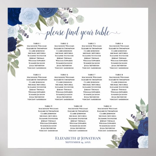 11 Tabelle Elegante blaue Rose Hochzeitstabelle Poster (Vorne)