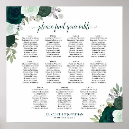 11 Tabelle Emerald Floral Wedding Seating Chart Poster (Vorne)