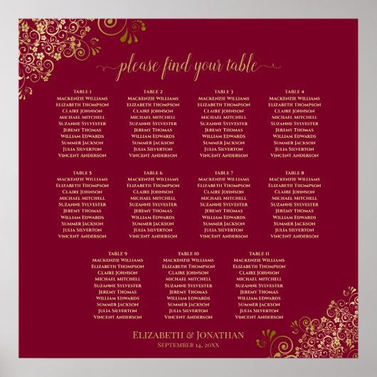 11 Tabelle Gold auf Burgunder Hochzeitskarte Poster (Vorne)
