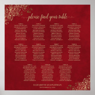 11 Tabelle Hochzeitskarte Crimson Red & Gold Poster