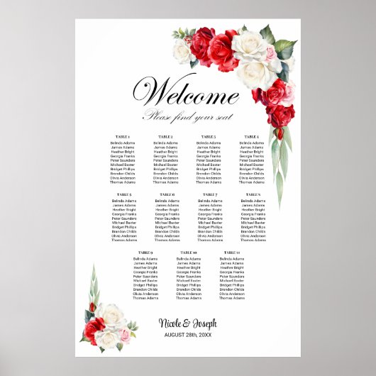 11 Tabelle Rot-Rose-Blumenmuster Poster (Vorne)