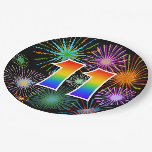 11. Veranstaltung - Spaß, farbenfroh, kühl, Regenb Pappteller (Schrägansicht)