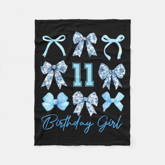 11th Birthday Girl Blue Toile Coquette Bow 11 Year Fleecedecke (Vorderseite)