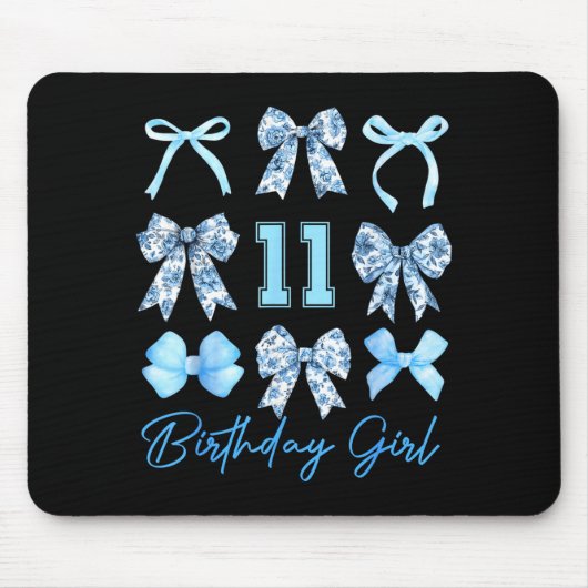 11th Birthday Girl Blue Toile Coquette Bow 11 Year Mousepad (Vorne)