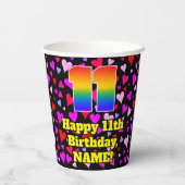 11th Birthday: Loving Hearts Pattern, Rainbow 11 Pappbecher (Rückseite)