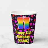 11th Birthday: Loving Hearts Pattern, Rainbow 11 Pappbecher (Vorderseite)