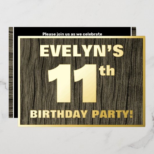11th Birthday Party: Bold, Faux Wood Grain Pattern Folieneinladung (Vorderseite/Rückseite)