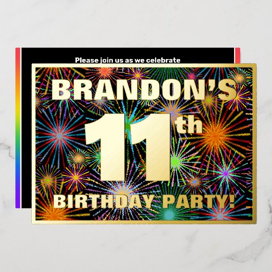 11th Birthday Party — Fun, Colorful Fireworks Look Folieneinladung (Vorderseite/Rückseite)