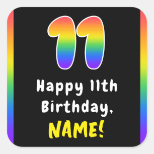 11th Birthday: Rainbow Spectrum # 11, Custom Name Quadratischer Aufkleber