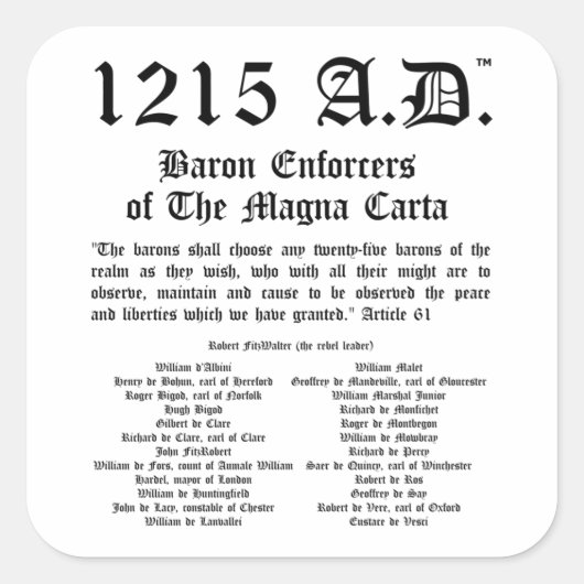 1215 A.D.™ Magna Carta Artikel 61 Aufkleber (Vorderseite)