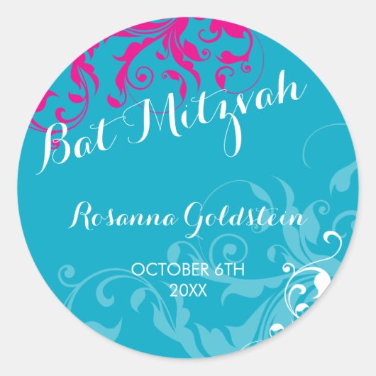 128-Marnie BAT MITZVAH blühte türkis pink Runder Aufkleber (Vorderseite)