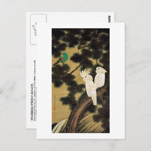 12. 老 松 鸚 図, 若 冲 Pine tree & Parrot, Jakuchū Postkarte (Vorne/Hinten)
