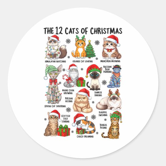 12 Cats Of Christmas Funny Xmas Cat Lover Holiday  Runder Aufkleber (Vorderseite)