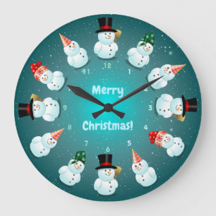 12 coole Snowmen, die Weihnachten feiern Große Wanduhr