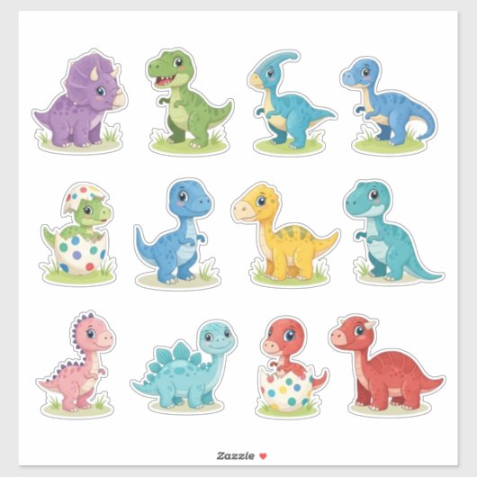 12 Cute Colorful Dino Vinyl Stickers Aufkleber (Blatt)