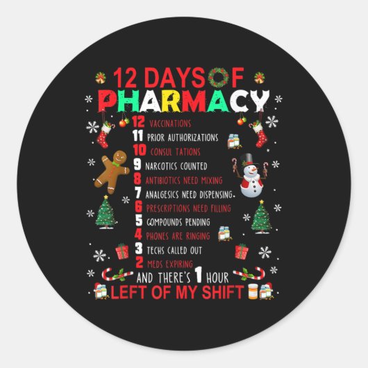 12 Days Of Pharmacy Funny Christmas Pharmacist Tec Runder Aufkleber (Vorderseite)