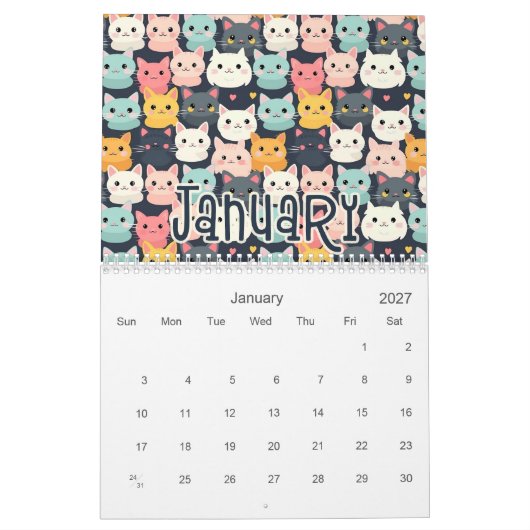 12 Designs für Niedliche Katzen - Nahtlose Muster Kalender (Jan 2027)