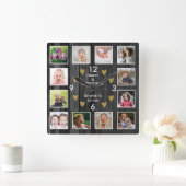 12-Familie Foto Collage Palette Holz Schwarz Gold Quadratische Wanduhr (Zuhause)