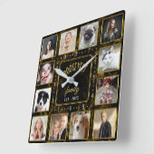 12 Familienfoto Collage Black Gold Marmor Custom Quadratische Wanduhr (Winkel)