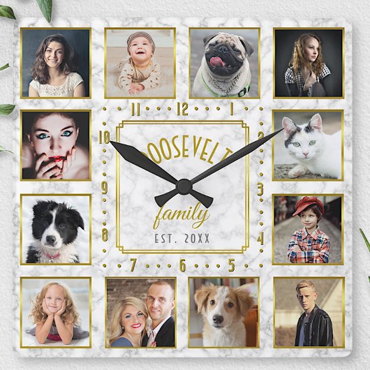 12 Familienfoto Collage White Gold Marmor Custom Quadratische Wanduhr