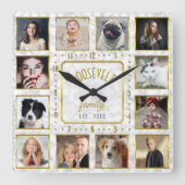 12 Familienfoto Collage White Gold Marmor Custom Quadratische Wanduhr (Vorderseite)