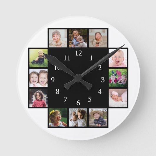 12 Familienfotocollage kreieren Ihr eigenes Schwar Runde Wanduhr (Vorderseite)