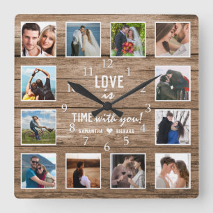 12 Foto-Collage 5 Jahre Holzene Hochzeit Jubiläum Quadratische Wanduhr