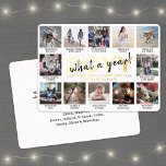 12 Foto Collage & Captions White What a Year! Folien Feiertagskarte<br><div class="desc">Was für ein Jahr zu erinnern! Senden Sie stilvolle fröhliche Grüße und teilen Sie 12 Ihrer Lieblingsfotos mit einer individuellen 12x18-Foto-Collage Goldfolie-Urlaubskarte. Der Text auf diesem Template ist einfach zu personalisieren und enthält alle Formulierungen wie Frohe Weihnachten, glückliche Feiertage, Frohe Festtage, Neujahrsjubiläen usw. (IMAGE PLACEMENT TIP: Eine einfache Möglichkeit, ein...</div>