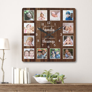 12 Foto-Collage Familien-Segen-Spruch dunkles Holz Quadratische Wanduhr