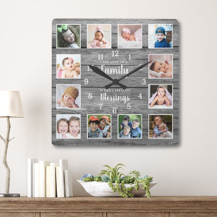 12 Foto-Collage Familien-Segen-Zitat Grau Holz Quadratische Wanduhr