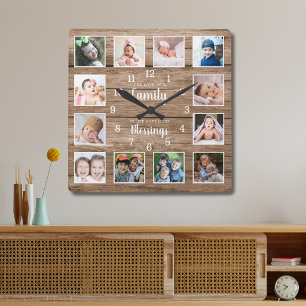 12 Foto-Collage Familienliebe Segensspruch Holz Quadratische Wanduhr