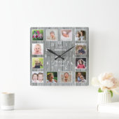12 Foto Collage Familienname Rustikales graues Hol Quadratische Wanduhr (Zuhause)