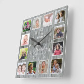 12 Foto Collage Familienname Rustikales graues Hol Quadratische Wanduhr (Winkel)