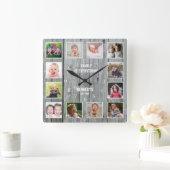 12 Foto Collage Familienname Rustikales graues Hol Quadratische Wanduhr (Zuhause)
