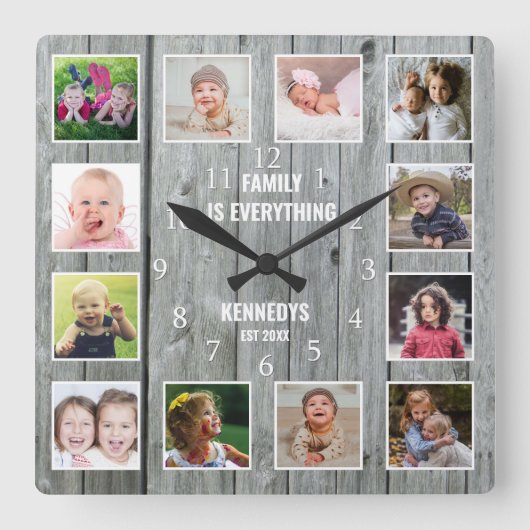 12 Foto Collage Familienname Rustikales graues Hol Quadratische Wanduhr (Vorderseite)