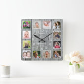 12 Foto Collage Familienname Rustikales graues Hol Quadratische Wanduhr (Zuhause)