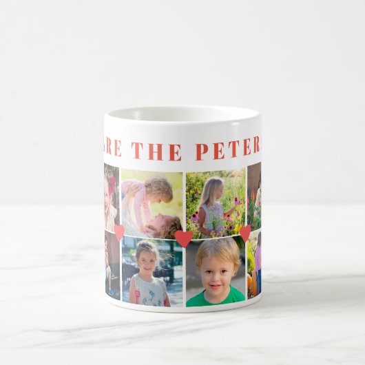12 Foto Collage Familienname und rote Herzen Kaffeetasse (Mittel)
