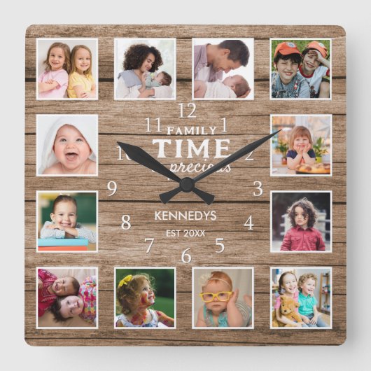 12 Foto Collage Familienzeitangebot Holz reclased Quadratische Wanduhr (Vorderseite)