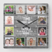 12 Foto-Collage Familienzitat Farmhouse Grau Holz Quadratische Wanduhr (Vorderseite)