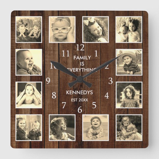 12 Foto Collage Family Quote Palette Holz Vintag Quadratische Wanduhr (Vorderseite)