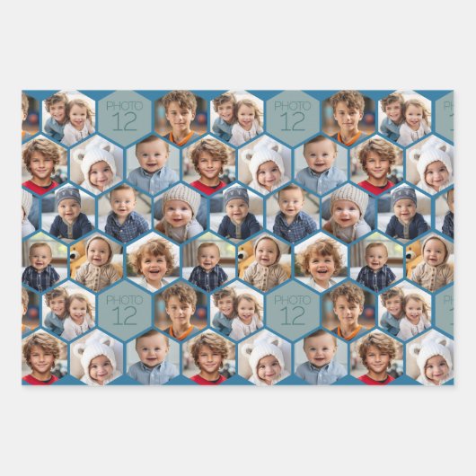 12 Foto Collage - Funky hexagon Honeycomb Muster Geschenkpapier Set (Vorderseite)