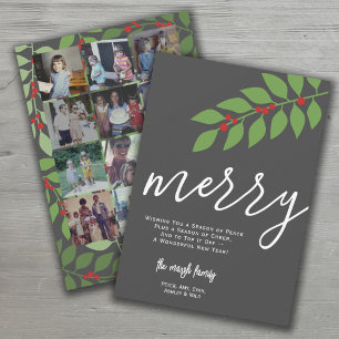 12 Foto Collage - Merry Script - Botanical Feiertagskarte
