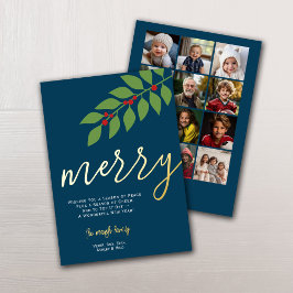 12 Foto Collage - Merry Script - Navy Botanical Folien Feiertagskarte